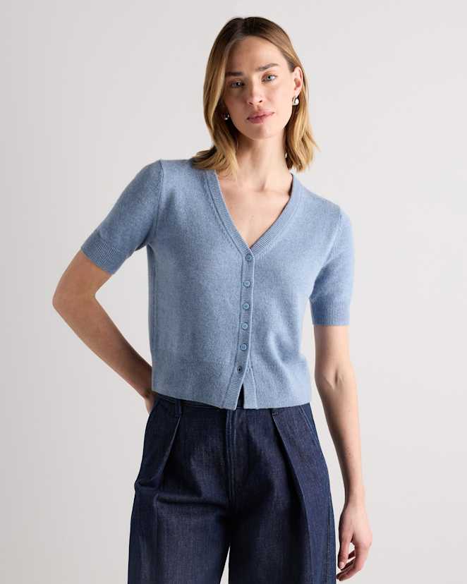 Faded Denim Mongolian Cashmere Short Sleeve Cardigan