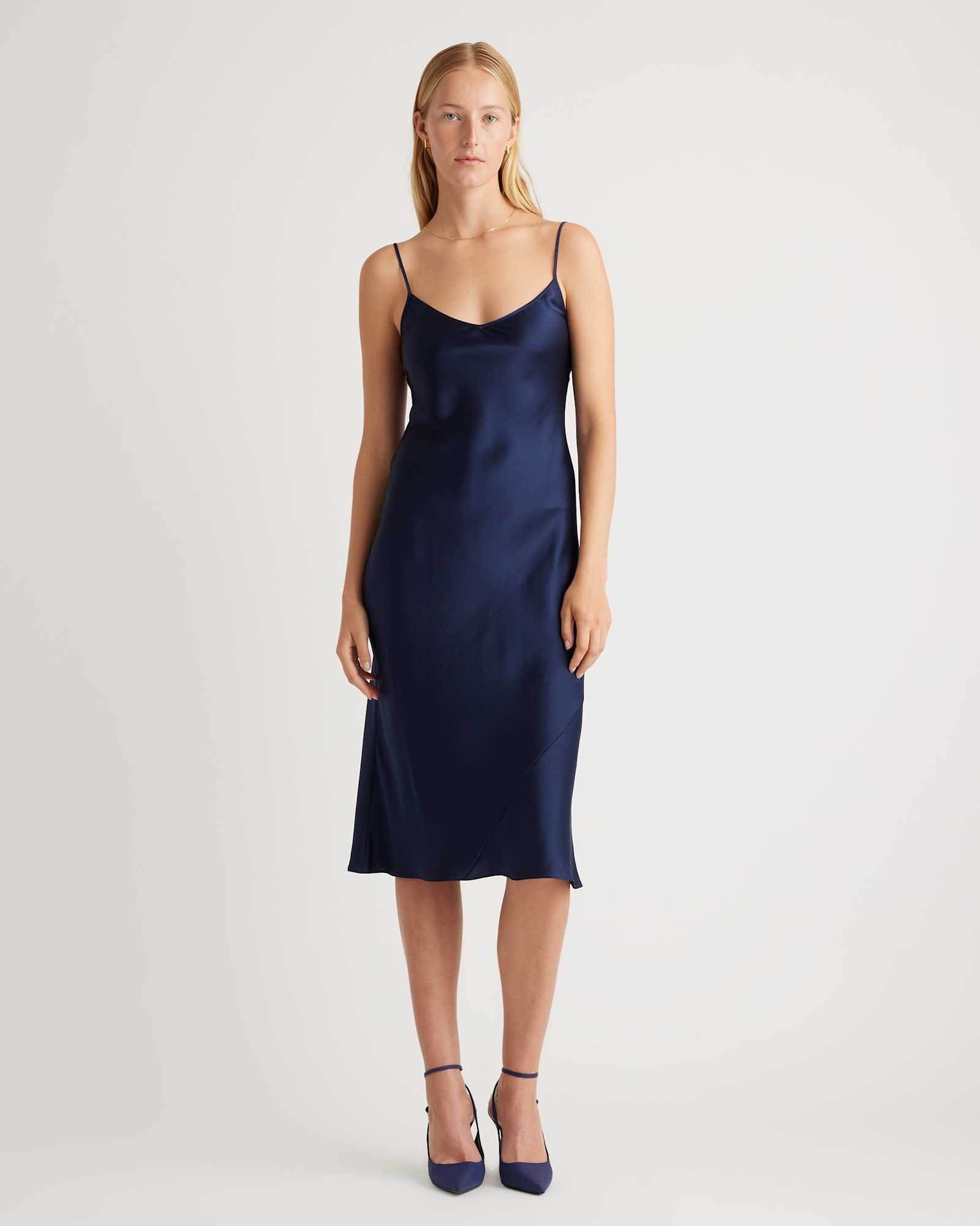 navy 100% Washable Silk Slip Dress