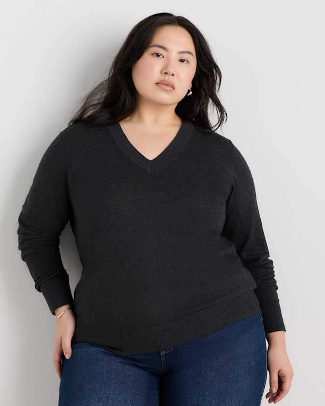 Heather Charcoal Lightweight Cotton Cashmere V-Neck Sweater