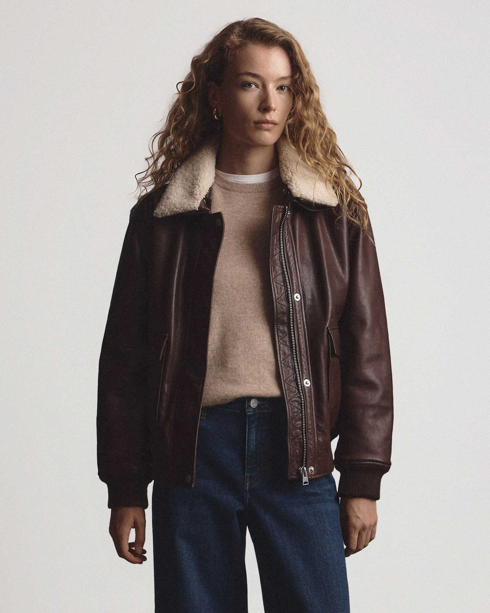 Brown 100% Leather Shearling Trim Aviator Jacket