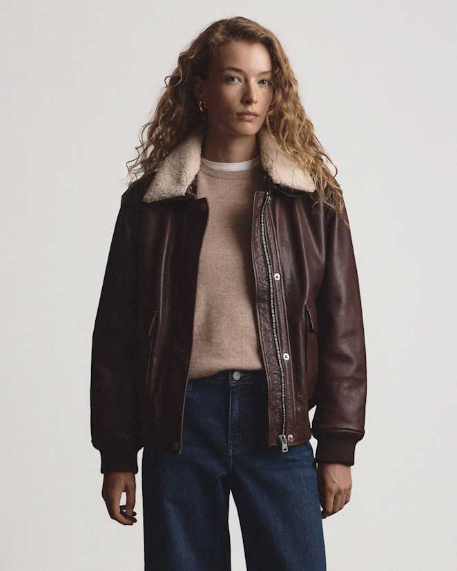Brown 100% Leather Shearling Trim Aviator Jacket