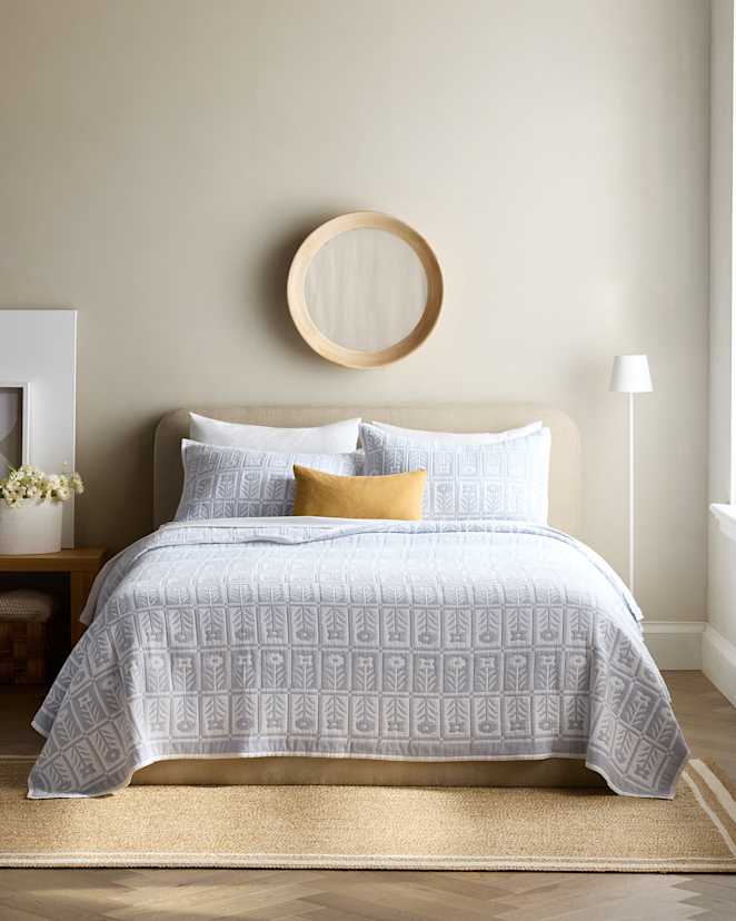 Blue Fog Organic Cotton Jacquard Floral Coverlet Set