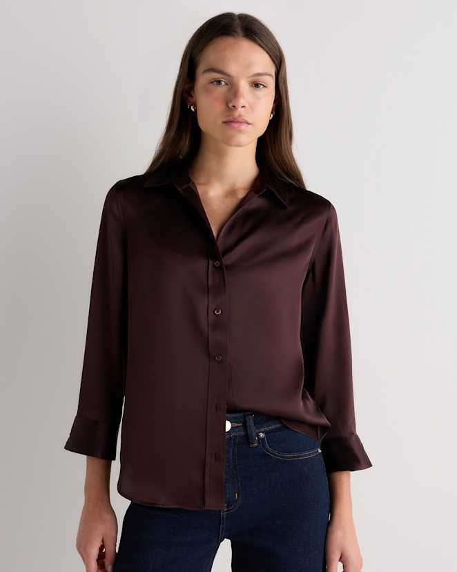 Chocolate Plum Brown 100% Washable Silk Three-Quarter Sleeve Shirt