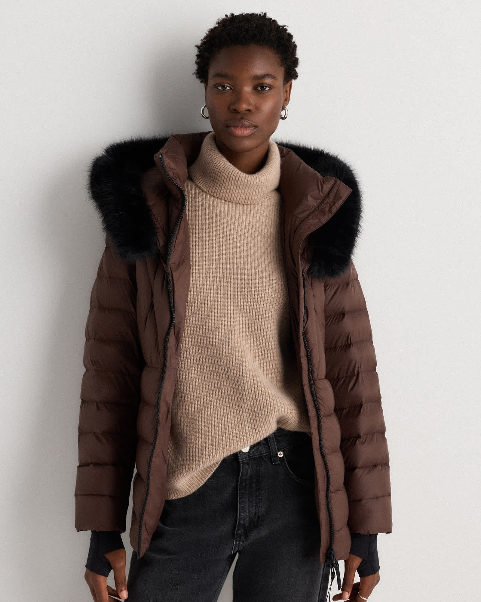 W-JKT-188-HTFDG-01 EDITED hot-fudge Responsible Down Belted Puffer Coat