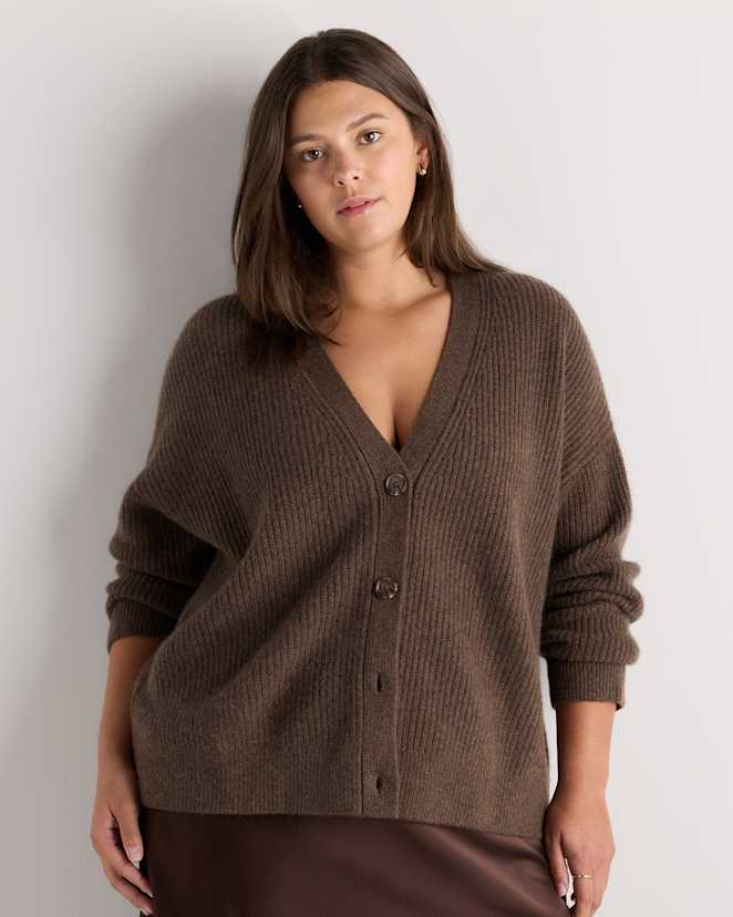 Brown Mongolian Cashmere Fisherman Boxy Cropped Cardigan Sweater