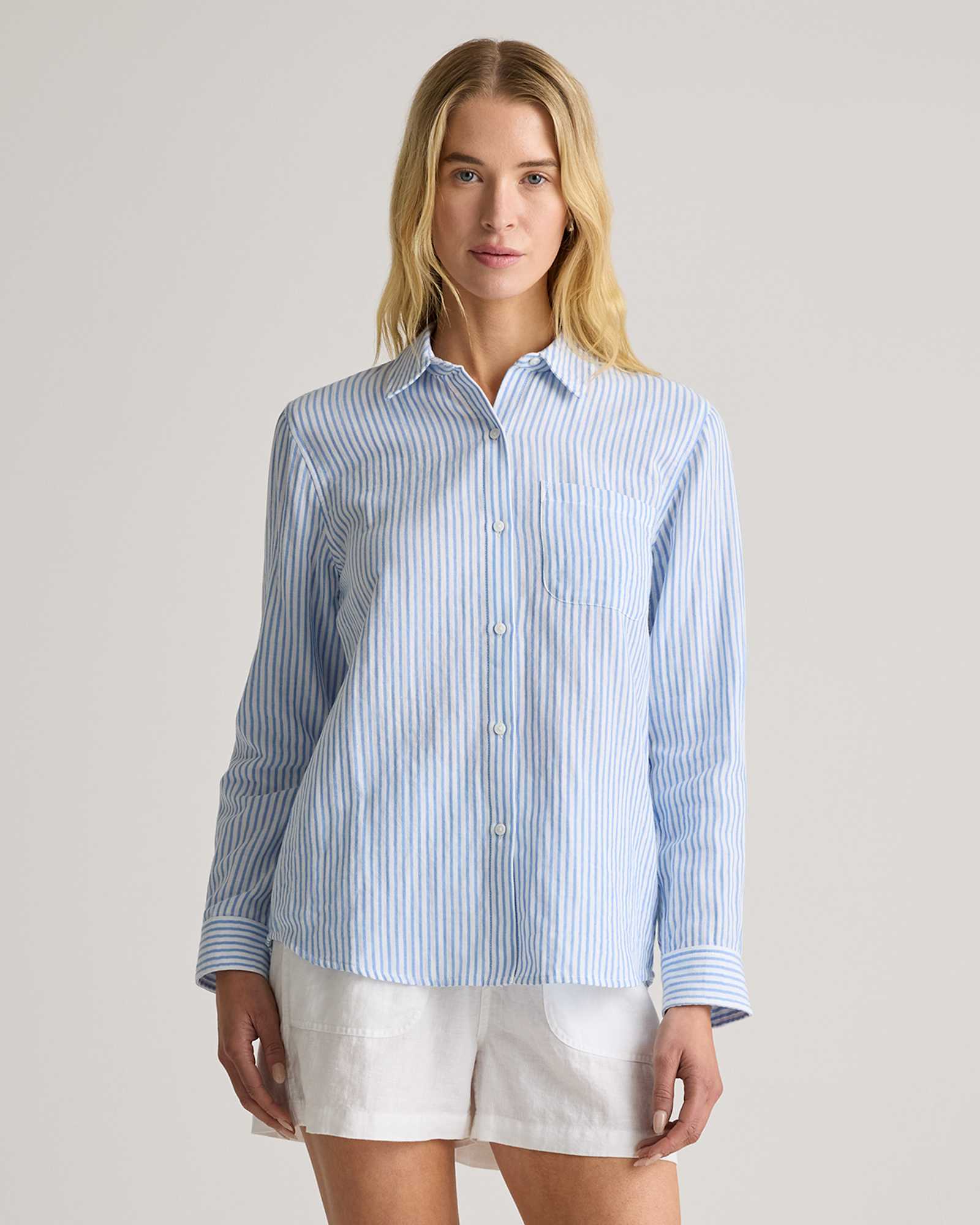 bayside-stripe-blue/white 100% Organic Cotton Gauze Long Sleeve Shirt