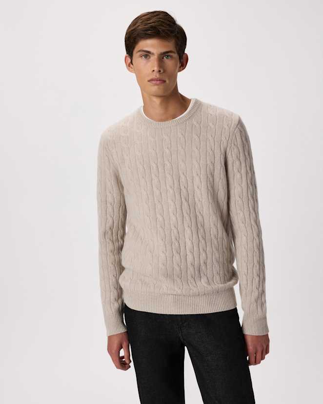 Heather Cloud Beige Mongolian Cashmere Classic Cable Crewneck Sweater