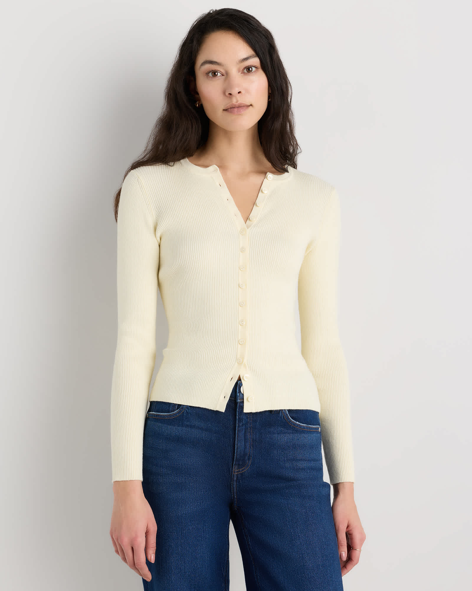 Pale Custard Yellow Cotton Cashmere Fitted Ribbed Cardigan