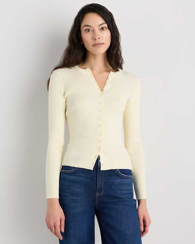 Pale Custard Yellow Cotton Cashmere Fitted Ribbed Cardigan