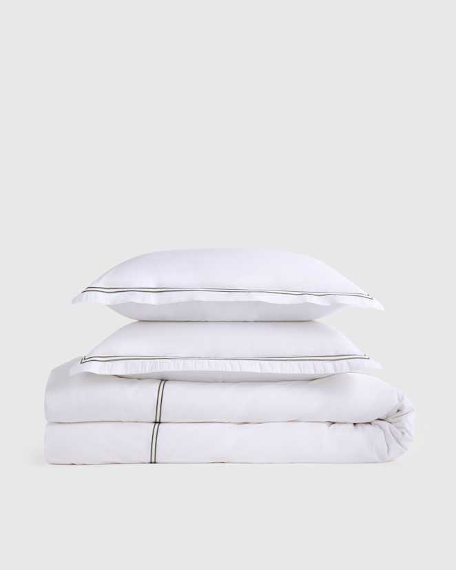 White/Dusty Olive Classic Organic Percale Embellished Duvet Cover Set