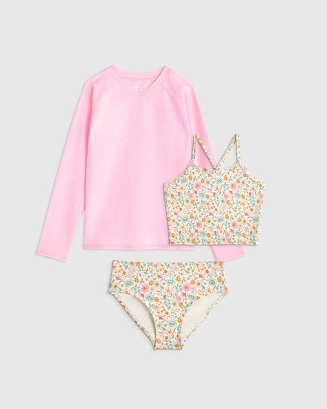 Soft Ditsy Floral Tankini and Long Sleeve Raglan Rash Guard Set