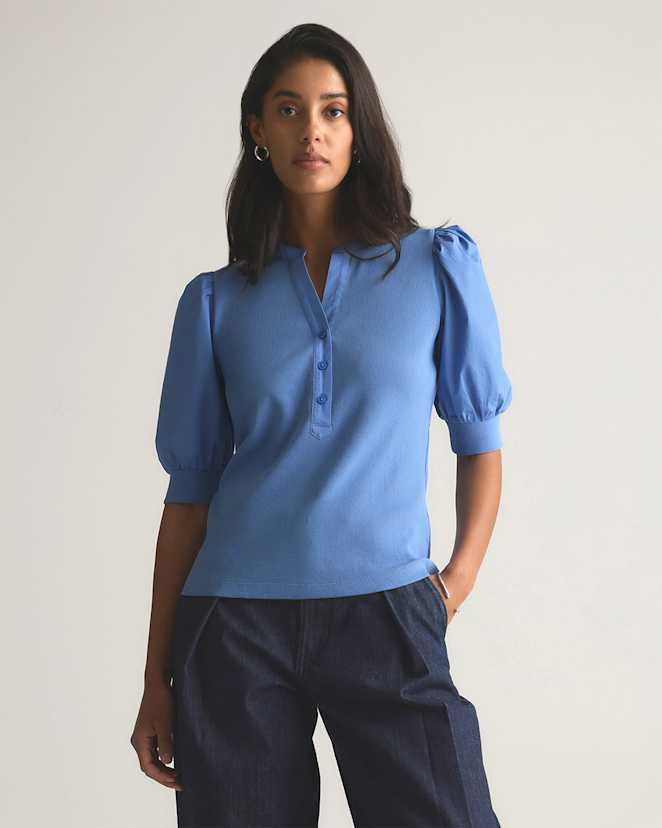 True Blue Cotton Mixed Media Puff Sleeve Top