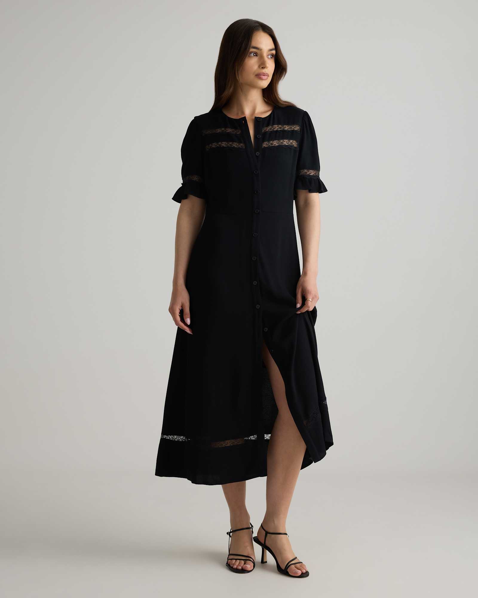 true-black Lightweight Crepe Lace Inset Midi Dress