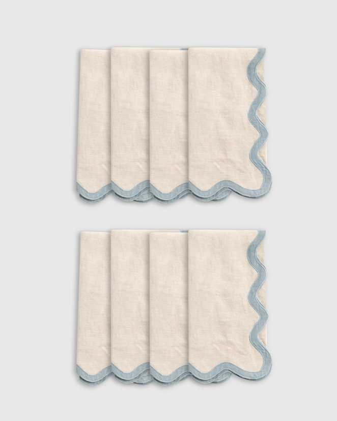 Flax/Dusty Blue European Linen Scallop Edge Napkins (Set of 8)