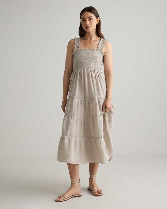 Flax 100% European Linen Smocked Midi Dress