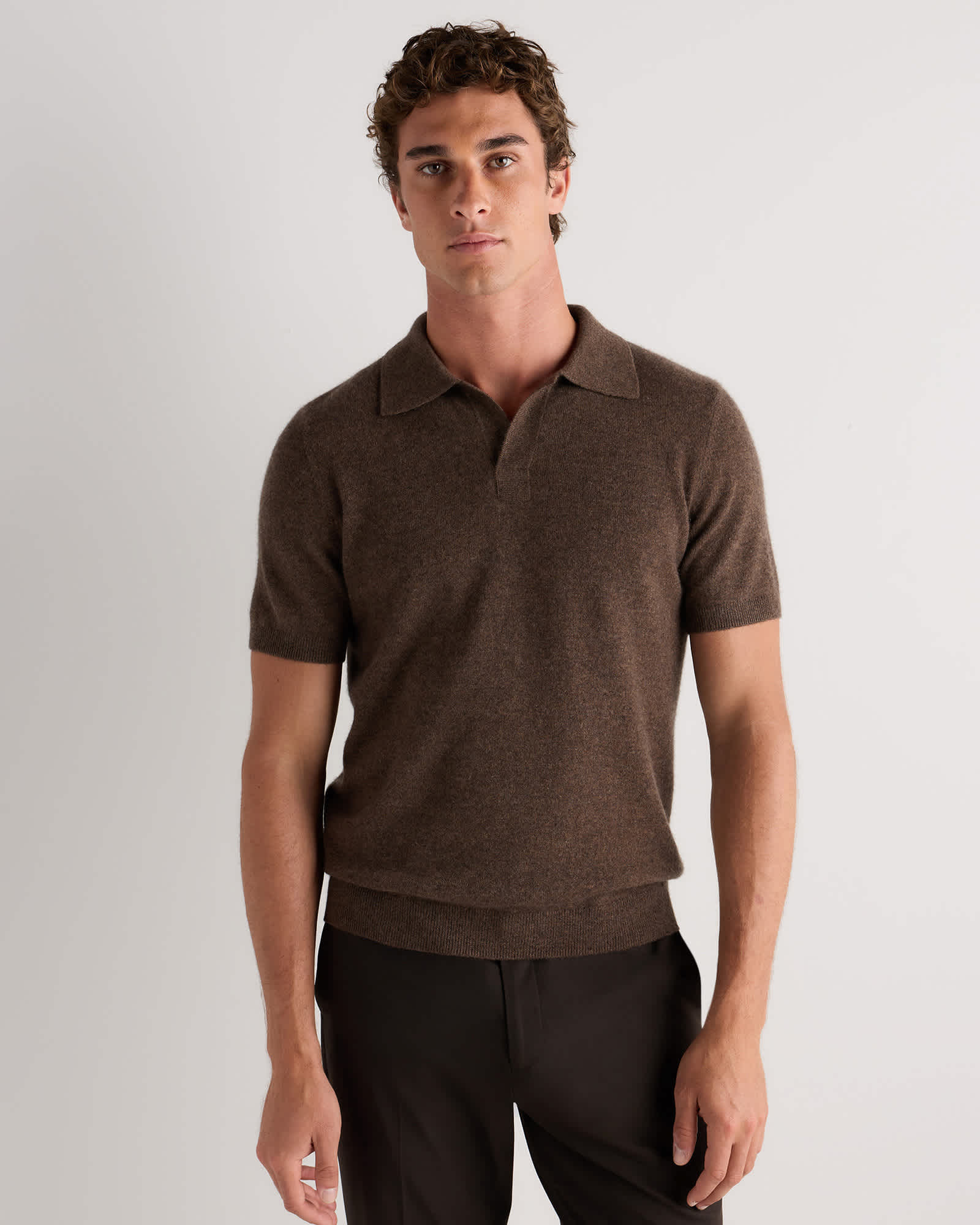 Brown 100% Mongolian Cashmere Johnny Collar Polo Sweater