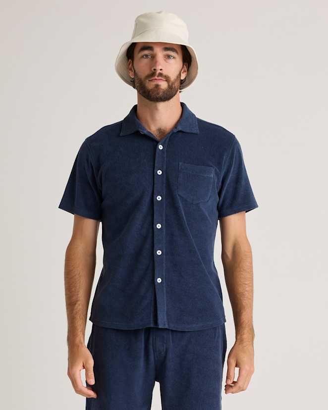 Deep Navy 100% Organic Cotton Terry Towel Button Down Polo
