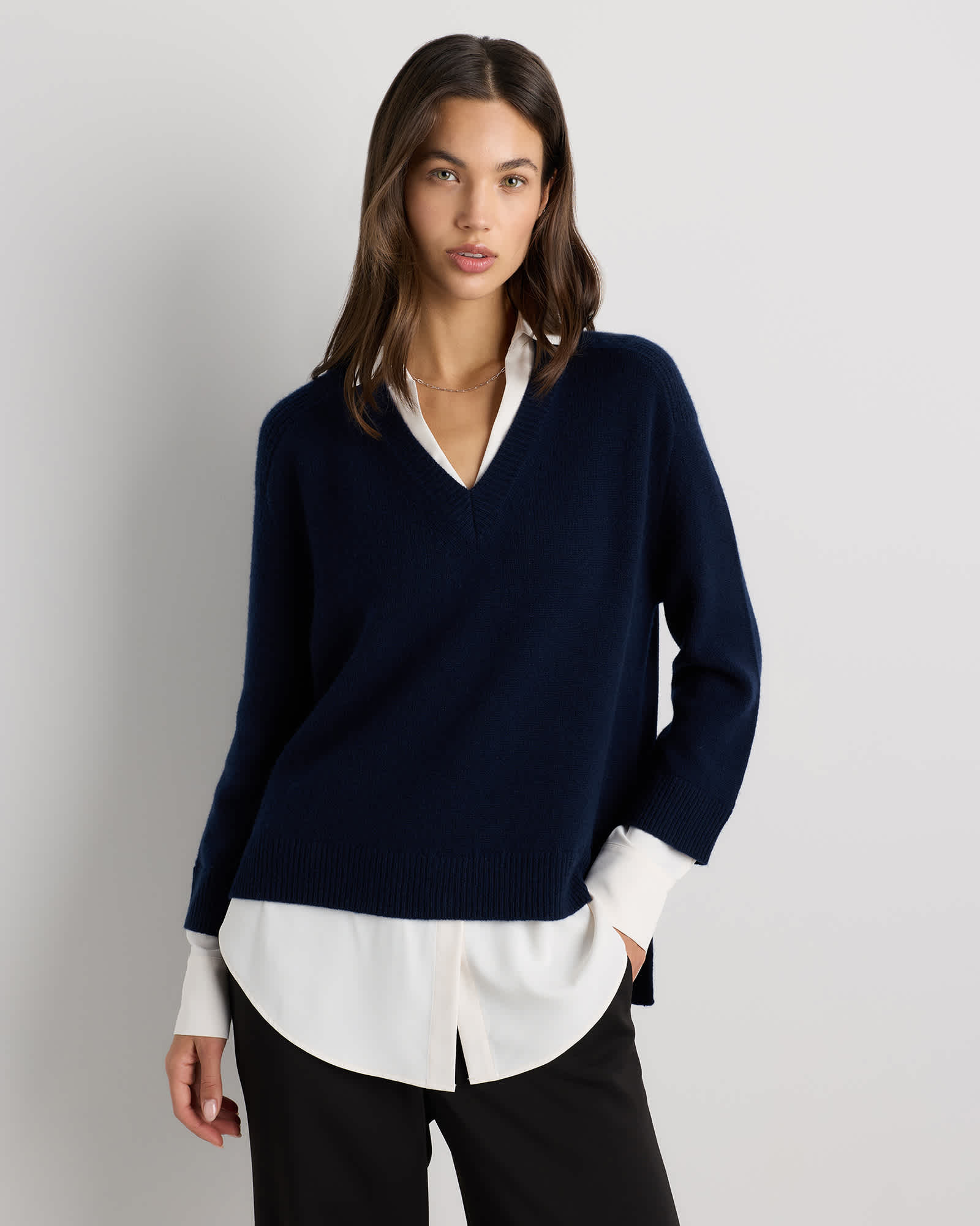 True Navy 100% Mongolian Cashmere Layered V-Neck Sweater