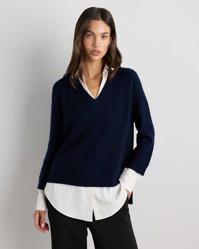 True Navy 100% Mongolian Cashmere Layered V-Neck Sweater