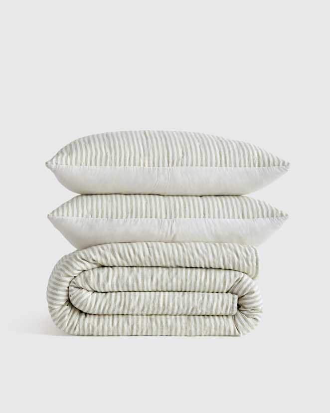Willowleaf/White Stripe European Linen Patterned Quilt Set