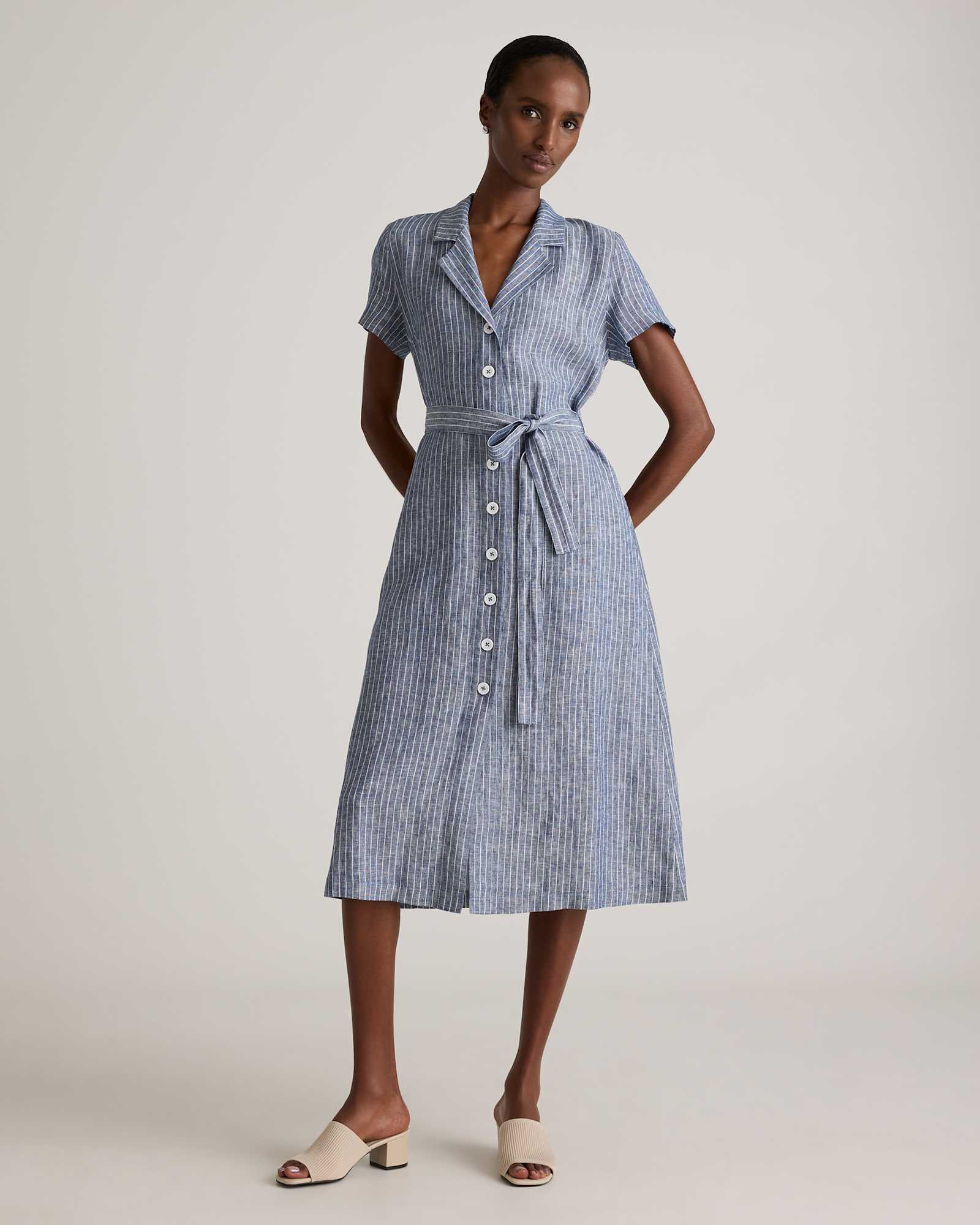 Chambray Stripe 100% European Linen Button Front Dress