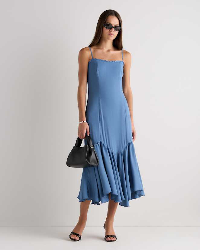 Moonstone Blue Lightweight Crepe Pleated Hem Midi Dress