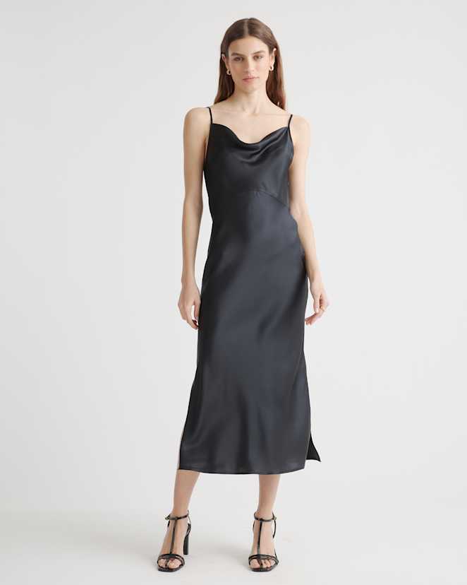 Black 100% Washable Silk Cowl Neck Slip Dress