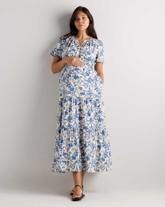 Riviera Blue Heirloom Floral 100% Organic Cotton Poplin Maternity Tiered Maxi Dress