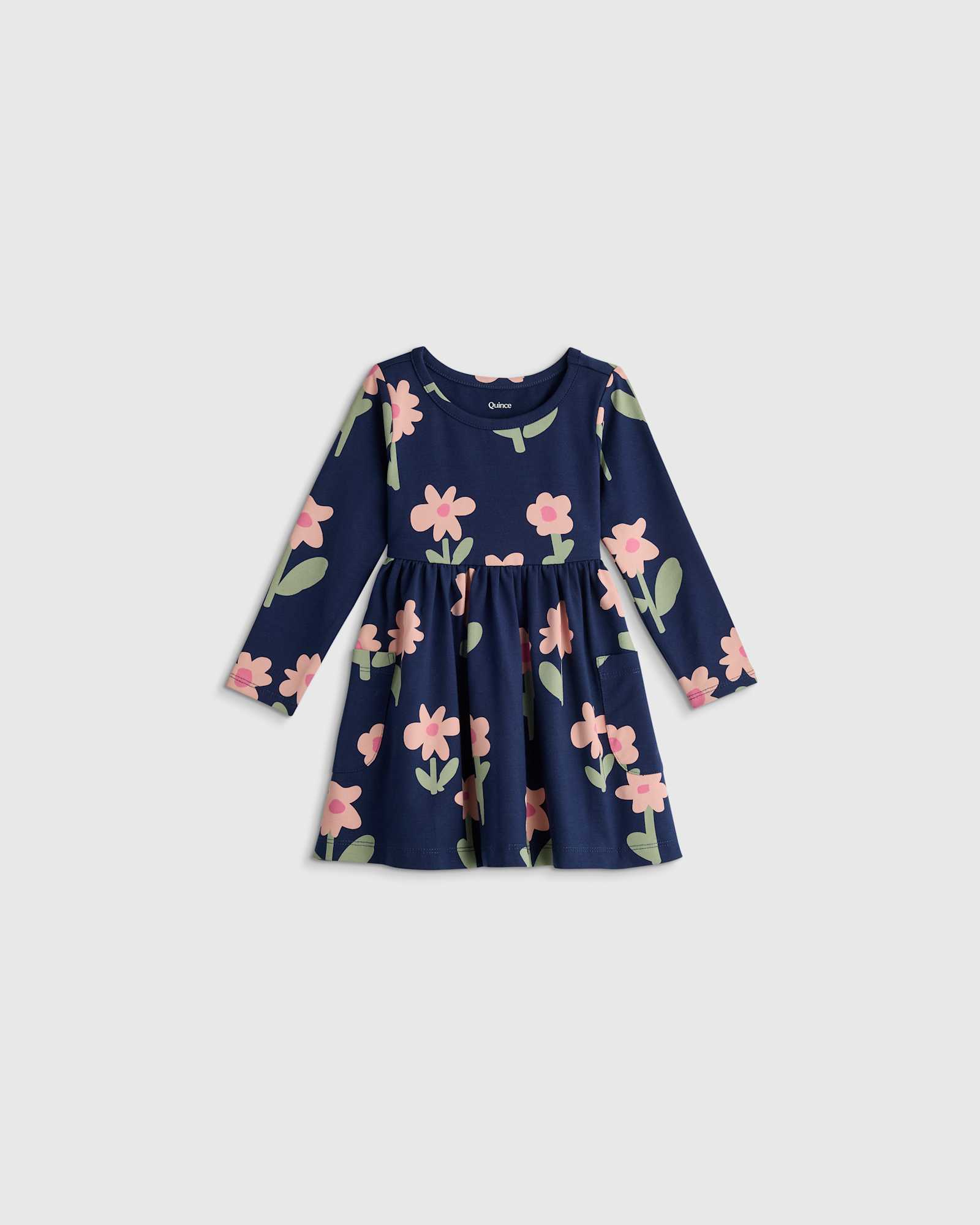 navy-daisies Organic Cotton Long Sleeve Fit and Flare Pocket Dress
