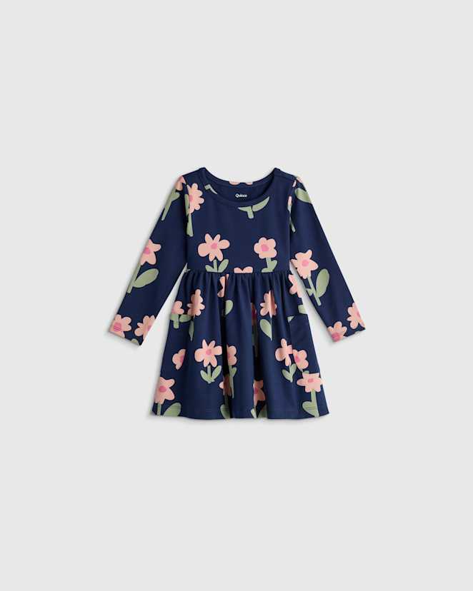 Navy Daisies Organic Cotton Long Sleeve Fit and Flare Pocket Dress