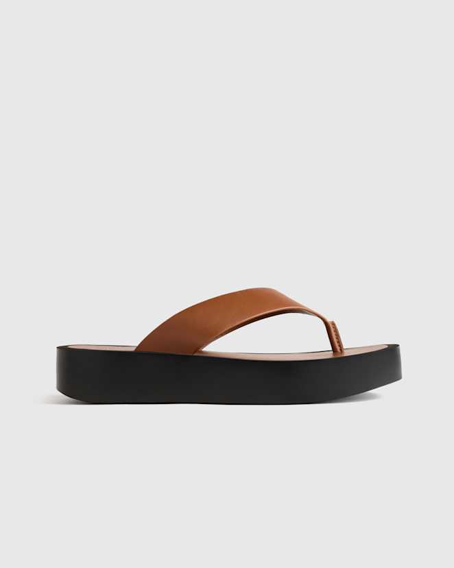 Cognac Italian Leather Thong Platform Sandal