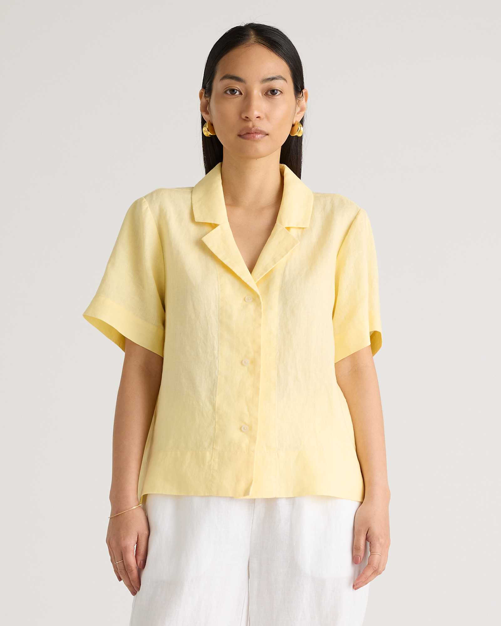 soft-yellow 100% European Linen Short Sleeve Shirt