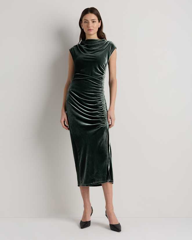 Forest Green Stretch Silk Velvet Ruched Midi Dress