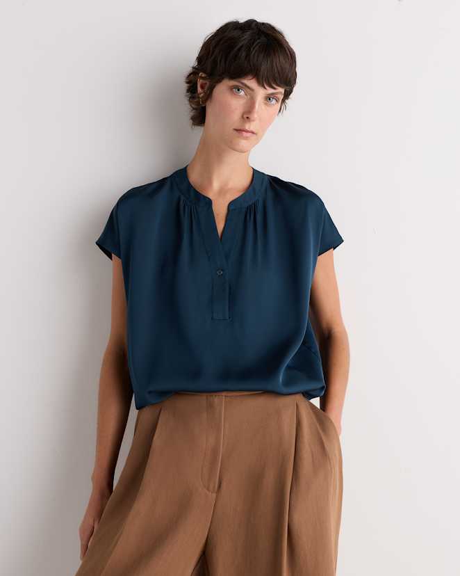 Stratus Blue Washable Stretch Silk Dolman Sleeve Blouse