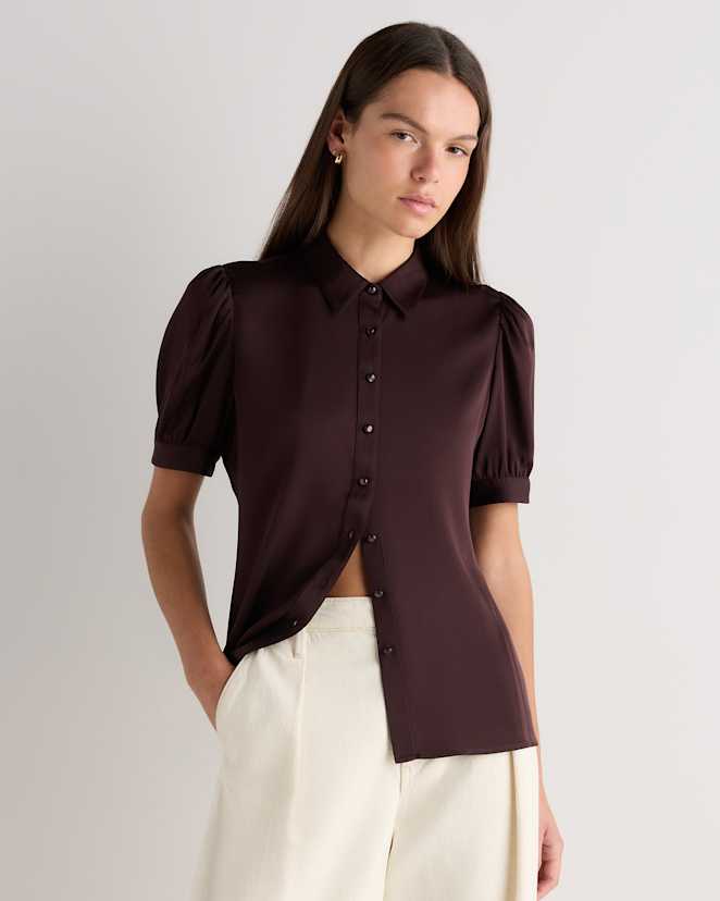 Chocolate Plum Brown Washable Stretch Silk Puff Sleeve Blouse