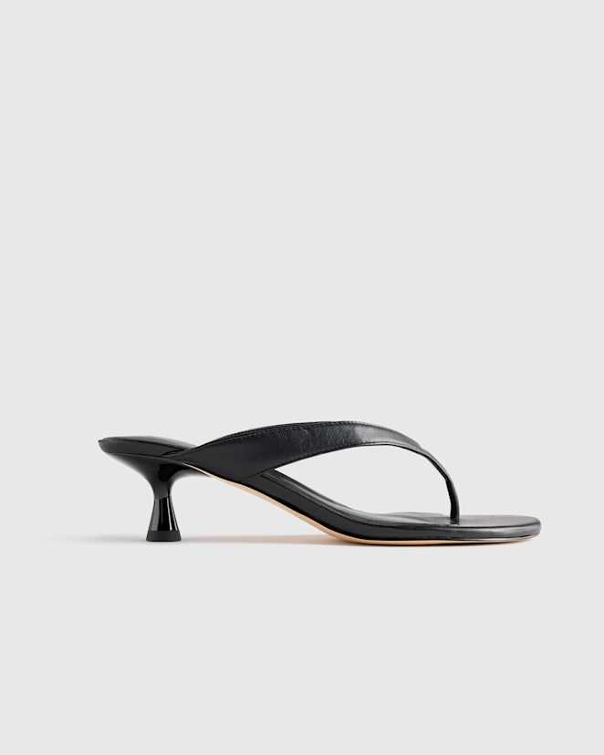 Black Italian Leather Thong Kitten Heel Sandal