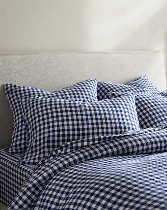 Navy European Linen Gingham Sham Set