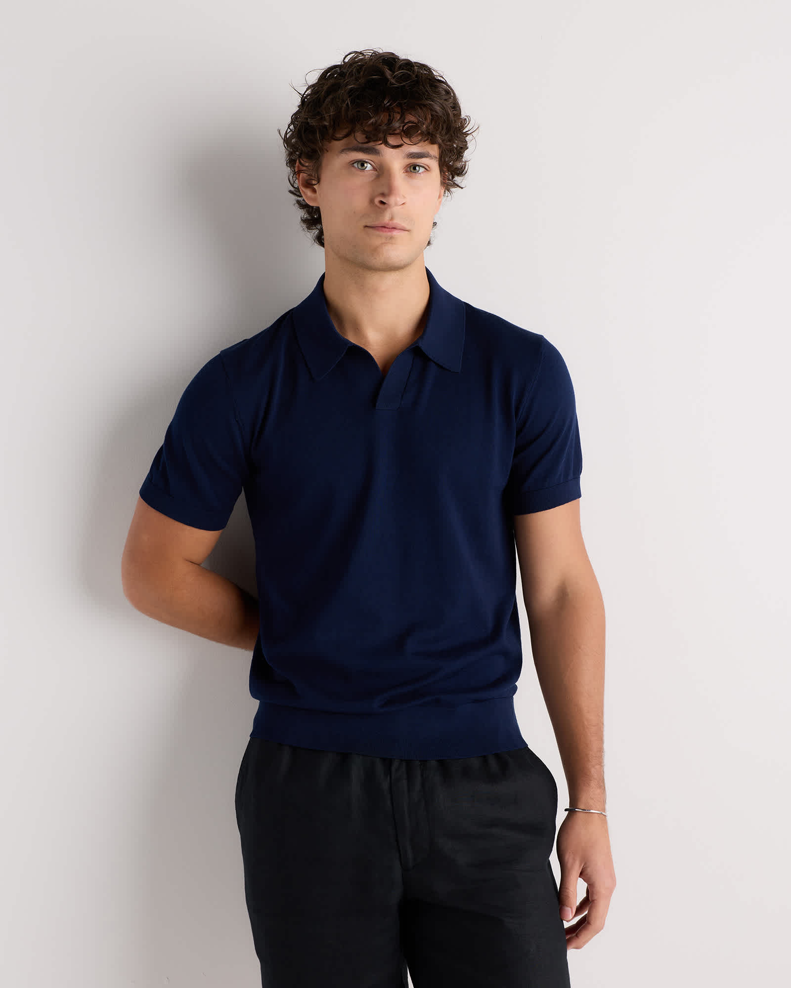Navy Cotton-Silk Johnny Collar Polo