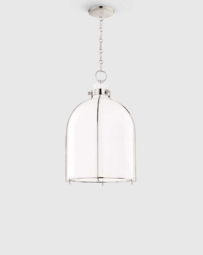 Polished Nickel Iron and Opal Glass Bell Pendant Light