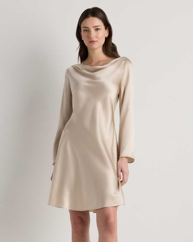 Champagne 100% Washable Silk Long Sleeve Mini Dress