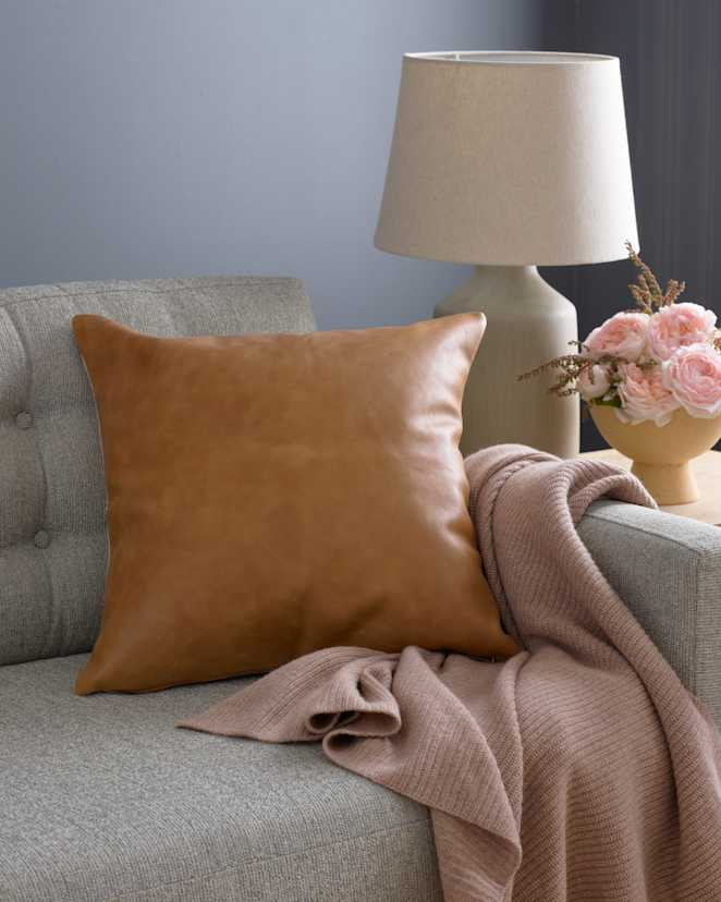 Cognac Solid Leather Pillow Cover