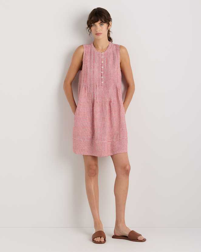 Red Classic Mini Gingham 100% European Linen Sleeveless Swing Dress