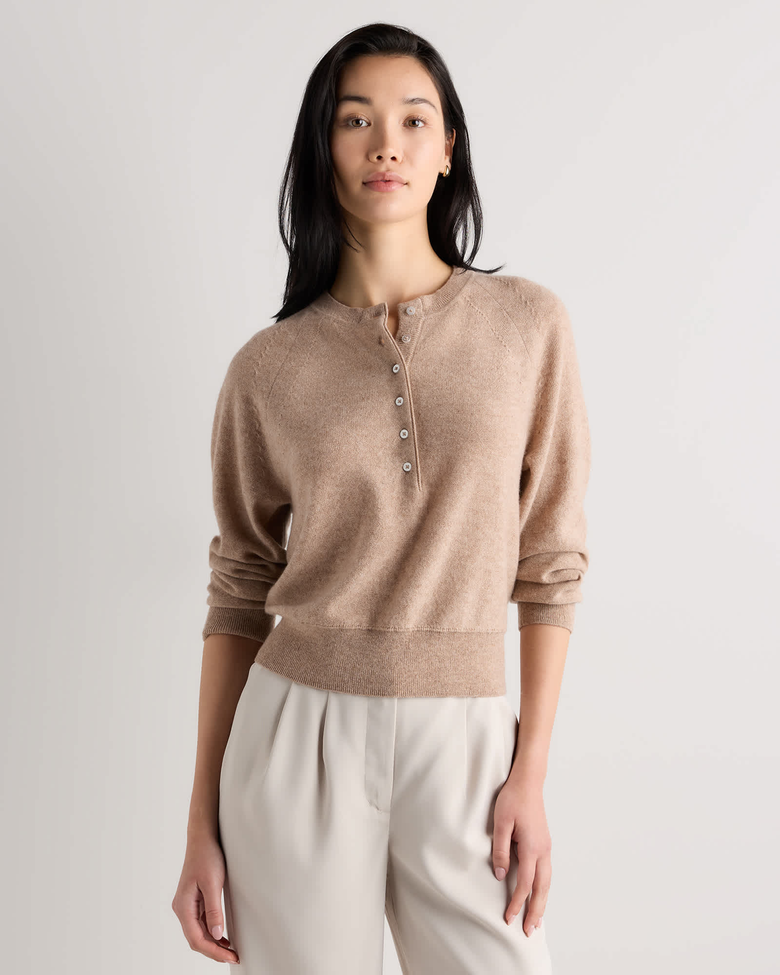 Oatmeal Mongolian Cashmere Dolman Sleeve Henley Sweater