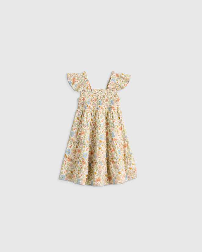 Apricot Ditsy Floral 100% Organic Cotton Poplin Smocked Dress