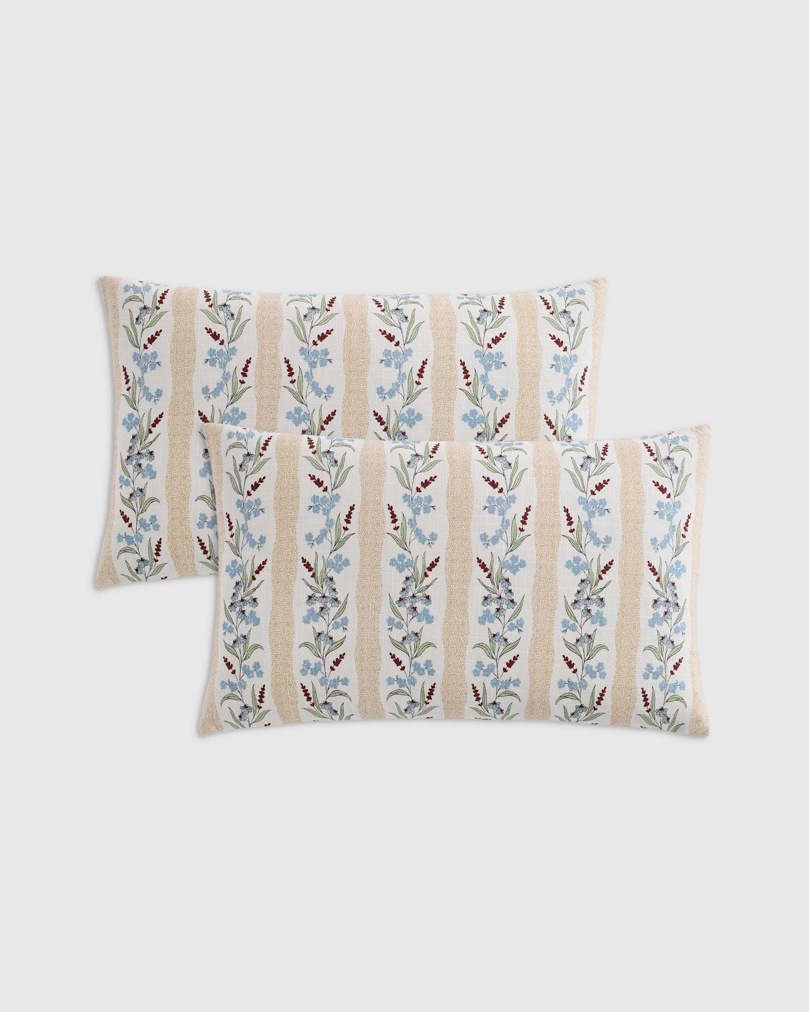 Tan Stripe Wildflower Cotton Pillow Cover (Set of 2)