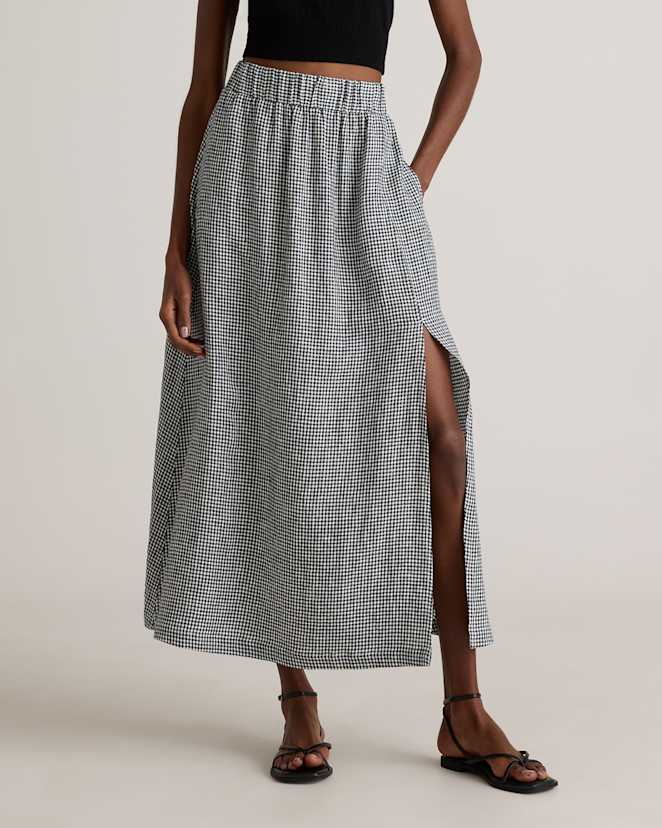 Classic Mini Gingham 100% European Linen Maxi Skirt