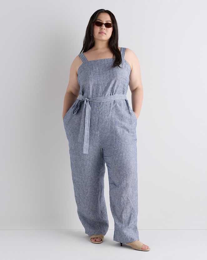 Chambray Stripe 100% European Linen Square Neck Jumpsuit