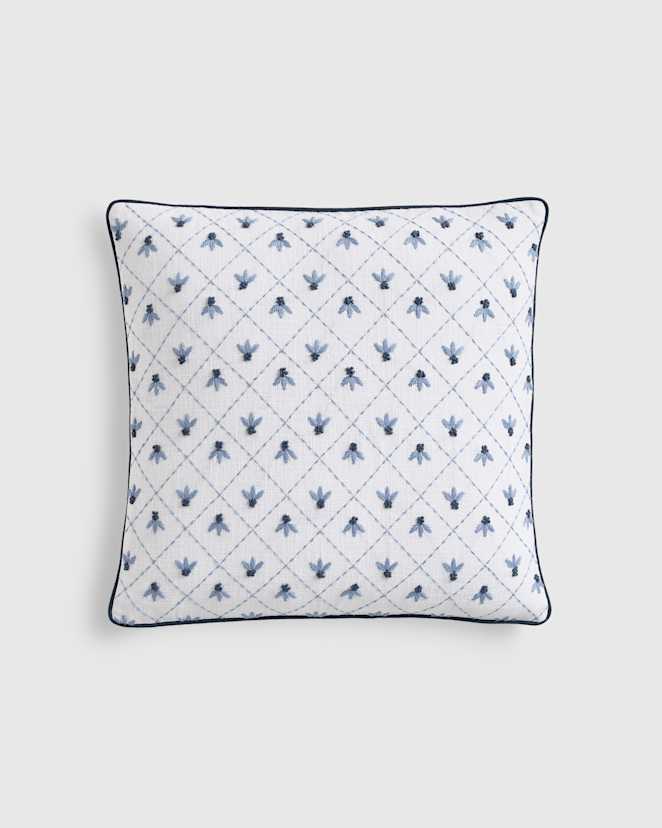 French Blue Embroidered Floral Cotton Pillow Cover