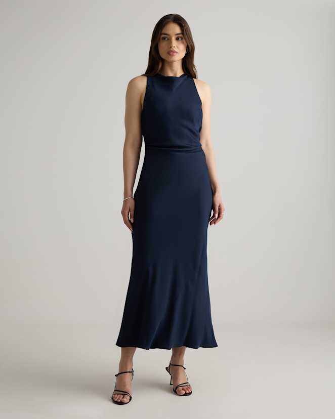 Navy Washable Stretch Silk High Neck Midi Dress