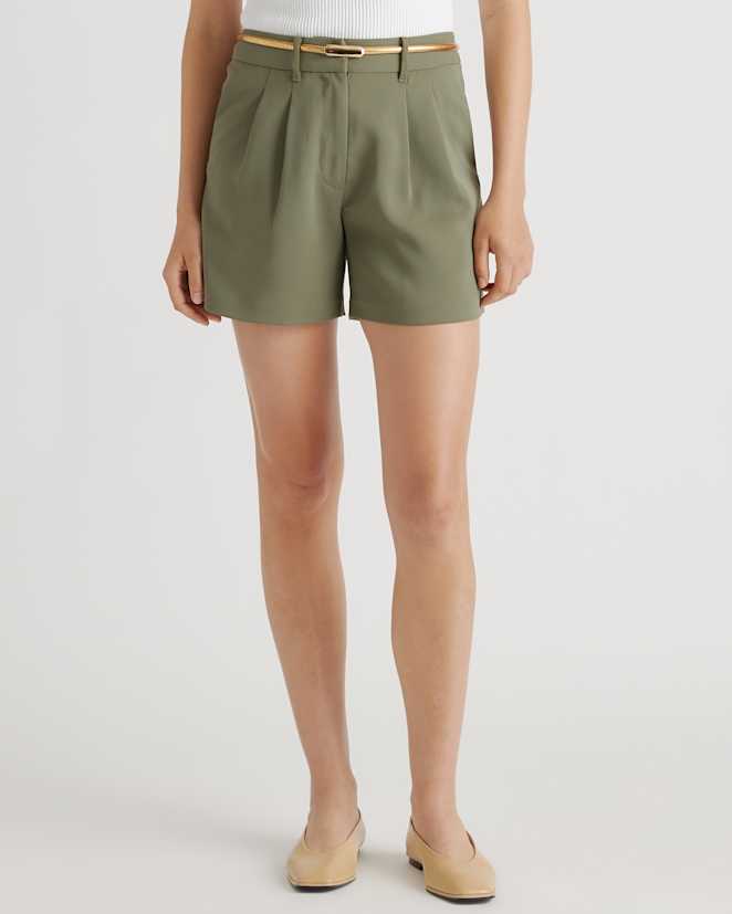 Olive Stretch Crepe Pleated Shorts